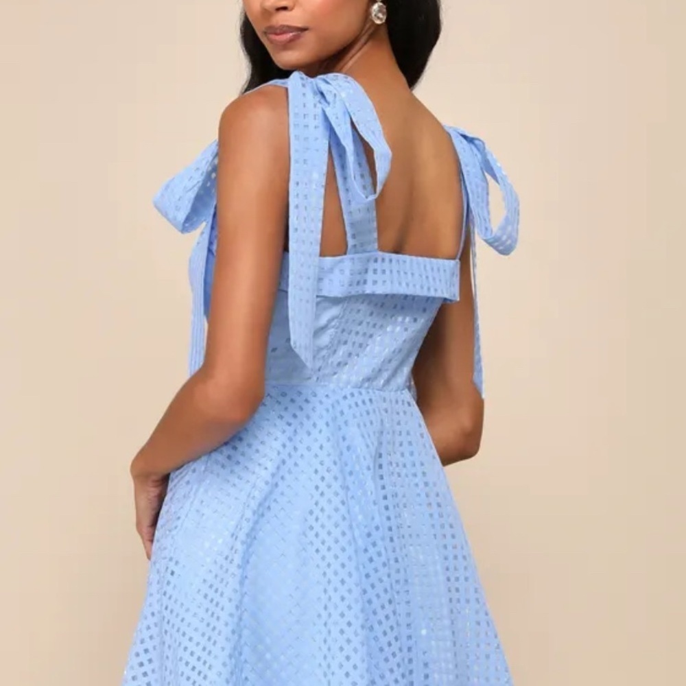 Lulus Forever Darling Gingham Burnout Tie-Strap Mini graduation Dress Coquette - Picture 3 of 14